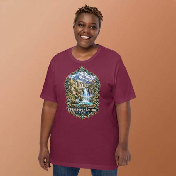 Maroon Chaharmahal and Bakhtiari unisex t-shirt, front view with Zard-Kuh and the Koohrang waterfall design
