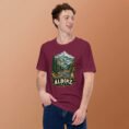 Maroon Alborz unisex t-shirt, front view with Chalus Road winding through the Alborz Mountains design