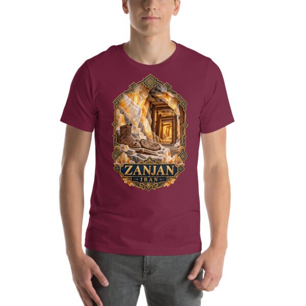 Maroon Zanjan unisex t-shirt, front view with Chehrabad salt mine and salt crystals design