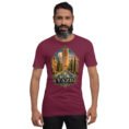 Maroon Yazd unisex t-shirt, front view with Narin Castle of Meybod and a traditional dovecote design