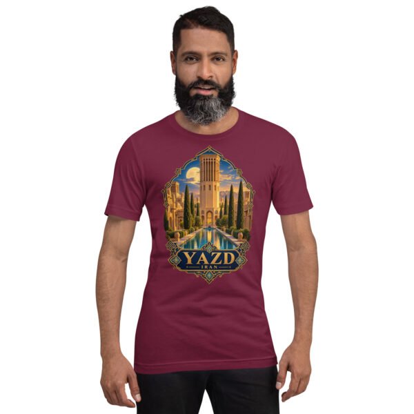 Maroon Yazd unisex t-shirt, front view with Narin Castle of Meybod and a traditional dovecote design