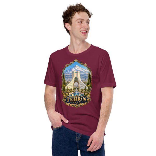 Maroon Tehran unisex t-shirt, front view with Azadi Tower and Mount Damavand design