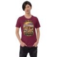 Maroon Semnan unisex t-shirt, front view with Qasr-e Bahram caravanserai in the Dasht-e Kavir design