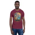 Maroon Sistan and Baluchestan unisex t-shirt, front view with Shahr-e Sukhteh, the Burnt City design