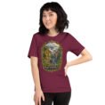 Maroon Mazandaran unisex t-shirt, front view with terraced springs of Badab-e Surt in the Hyrcanian forest design