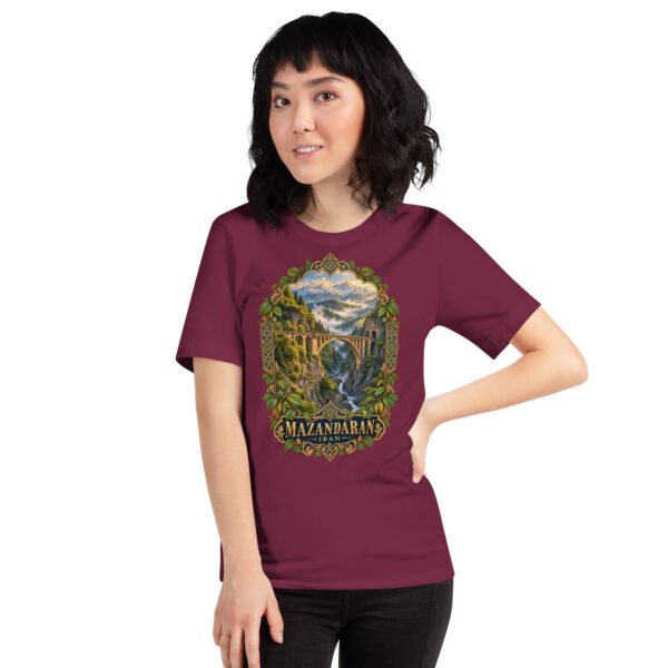 Maroon Mazandaran unisex t-shirt, front view with terraced springs of Badab-e Surt in the Hyrcanian forest design