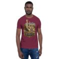 Maroon Markazi unisex t-shirt, front view with ancient columns of Khorheh design