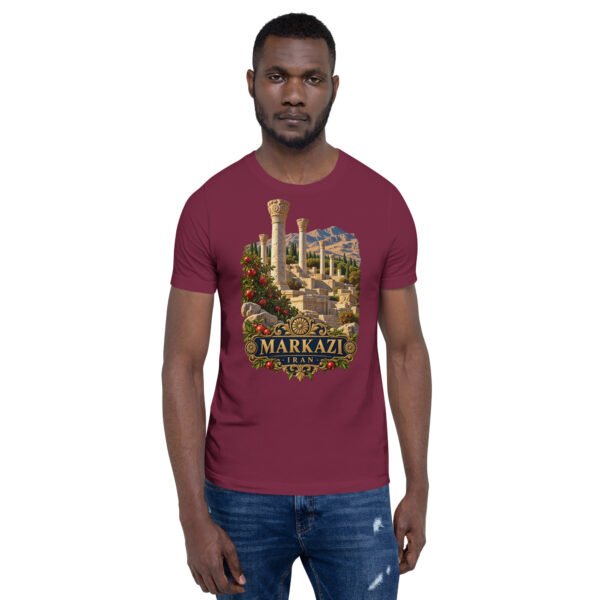 Maroon Markazi unisex t-shirt, front view with ancient columns of Khorheh design
