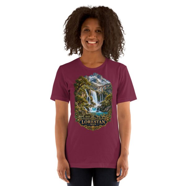 Maroon Lorestan unisex t-shirt, front view with Falak-ol-Aflak Castle in Khorramabad design