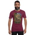 Maroon Kurdistan unisex t-shirt, front view with Ziwiye fortress and golden Mannaean motifs design