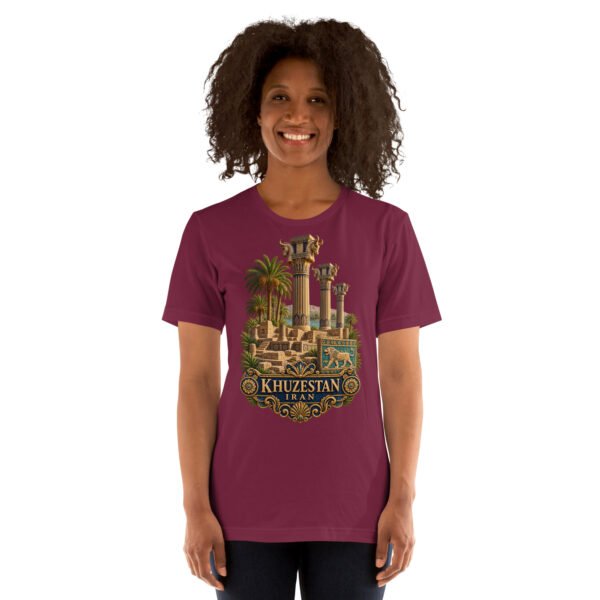 Maroon Khuzestan unisex t-shirt, front view with ancient Susa design