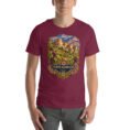 Maroon North Khorasan unisex t-shirt, front view with historic citadel of Shirvan and vineyards design