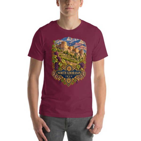 Maroon North Khorasan unisex t-shirt, front view with historic citadel of Shirvan and vineyards design