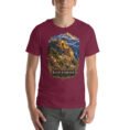 Maroon Khorasan Razavi unisex t-shirt, front view with Tomb of Ferdowsi in ancient Tus design