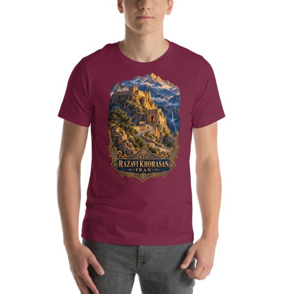 Maroon Khorasan Razavi unisex t-shirt, front view with Tomb of Ferdowsi in ancient Tus design