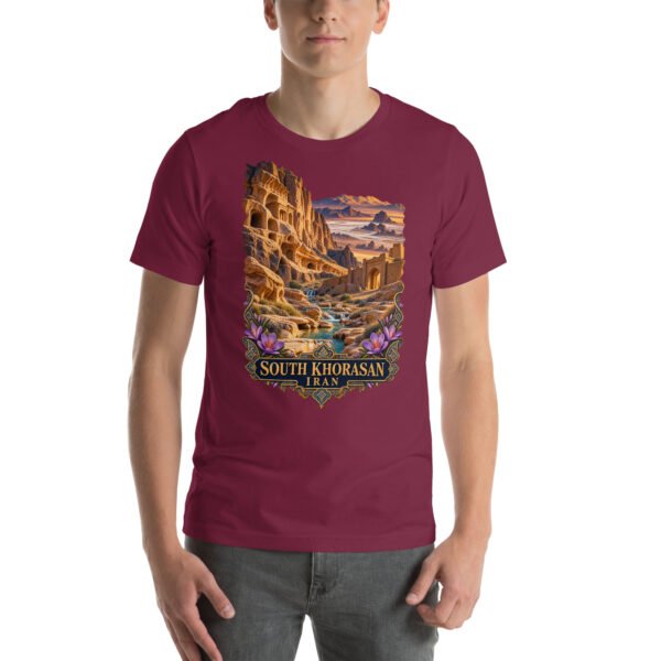 Maroon South Khorasan unisex t-shirt, front view with historic citadel of Birjand design