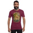 Maroon Kermanshah unisex t-shirt, front view with Taq-e Bostan Sasanian rock reliefs design