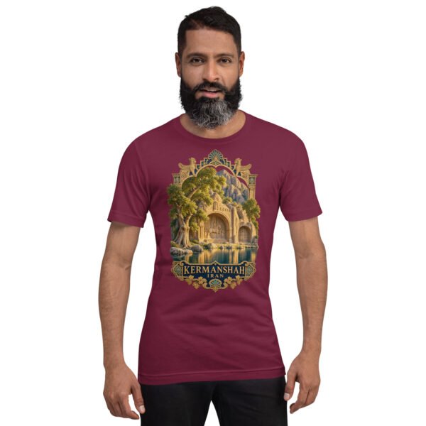 Maroon Kermanshah unisex t-shirt, front view with Taq-e Bostan Sasanian rock reliefs design