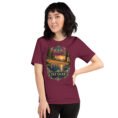 Maroon Isfahan unisex t-shirt, front view with Naqsh-e Jahan Square and Ali Qapu Palace design