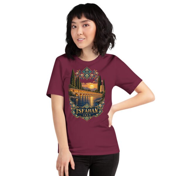 Maroon Isfahan unisex t-shirt, front view with Naqsh-e Jahan Square and Ali Qapu Palace design