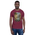 Maroon Ilam unisex t-shirt, front view with Razianeh Gorge in the Zagros Mountains design