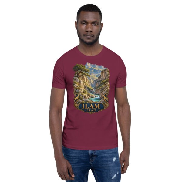 Maroon Ilam unisex t-shirt, front view with Razianeh Gorge in the Zagros Mountains design