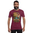 Maroon Hormozgan unisex t-shirt, front view with Portuguese Castle of Hormuz and the Persian Gulf design