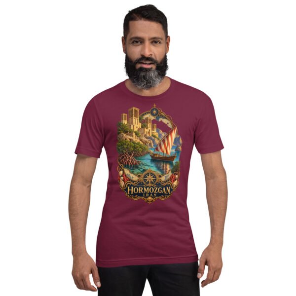 Maroon Hormozgan unisex t-shirt, front view with Portuguese Castle of Hormuz and the Persian Gulf design