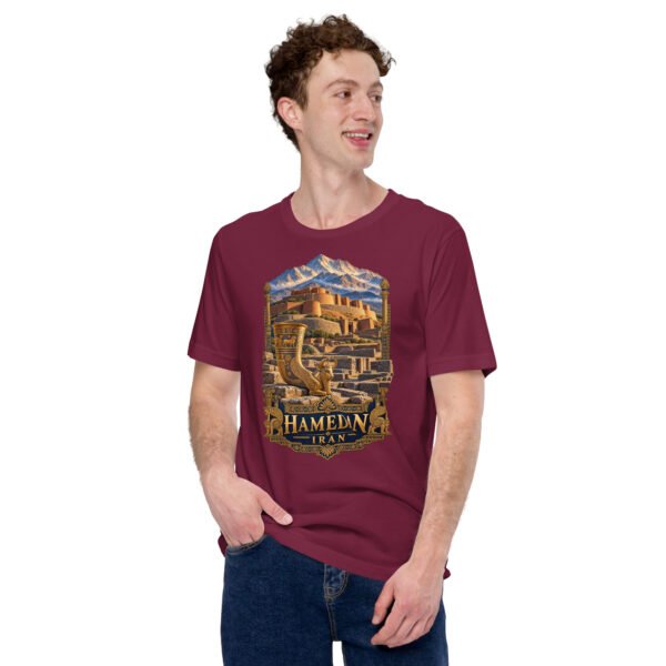 unisex-staple-t-shirt-maroon-front-6acbd9f3e3371.jpg Maroon Hamedan unisex t-shirt, front view with Ganjnameh inscriptions and Mount Alvand design