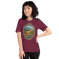 Maroon Golestan unisex t-shirt, front view with Sasanian Great Wall of Gorgan design