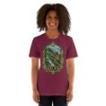 Maroon Gilan unisex t-shirt, front view with Rudkhan Castle in the Hyrcanian forest design