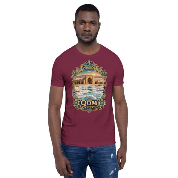 Maroon Qom unisex t-shirt, front view with Deir-e Gachin caravanserai in the desert design