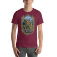 Maroon Qazvin unisex t-shirt, front view with Alamut Castle on its rocky Alborz cliff design