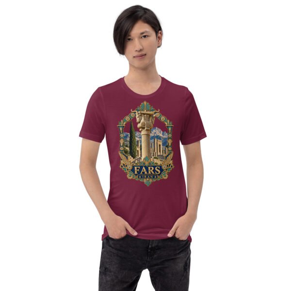 Maroon Fars unisex t-shirt, front view with Persepolis and Achaemenid columns design
