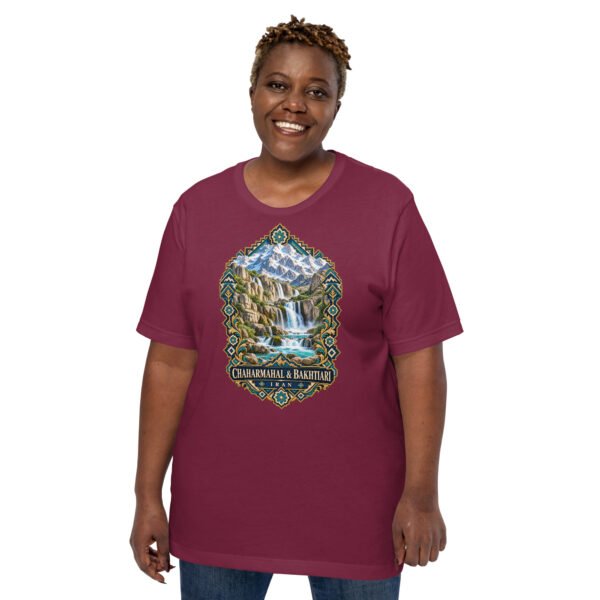 Maroon Chaharmahal and Bakhtiari unisex t-shirt, front view with Zard-Kuh and the Koohrang waterfall design