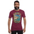 Maroon Bushehr unisex t-shirt, front view with ancient port of Siraf and the Persian Gulf design
