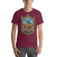 Maroon West Azerbaijan unisex t-shirt, front view with Lake Urmia and the ancient Hasanlu mound design
