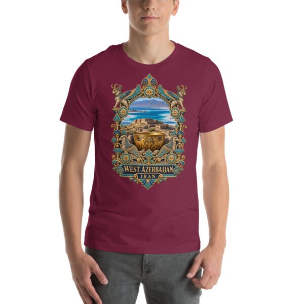 Maroon West Azerbaijan unisex t-shirt, front view with Lake Urmia and the ancient Hasanlu mound design