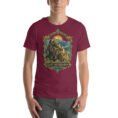 Maroon East Azerbaijan unisex t-shirt, front view with Babak Castle and the Arasbaran valleys design