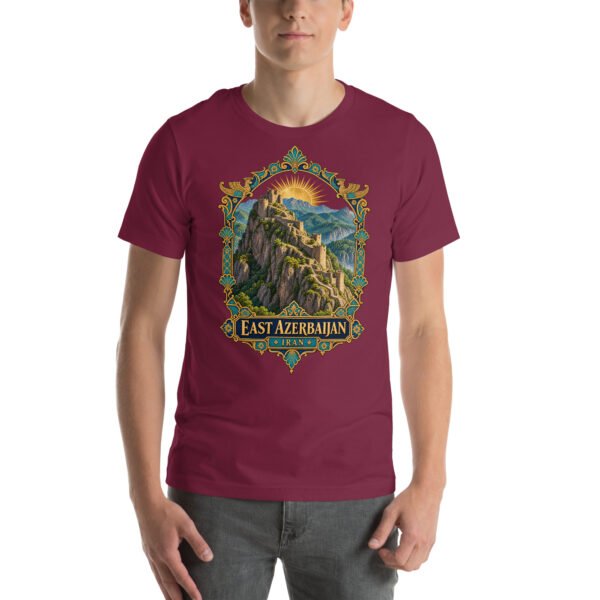 Maroon East Azerbaijan unisex t-shirt, front view with Babak Castle and the Arasbaran valleys design