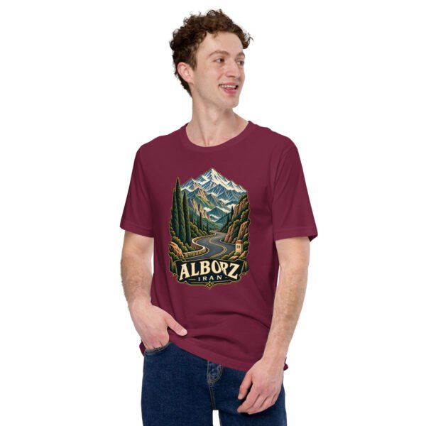 Maroon Alborz unisex t-shirt, front view with Chalus Road winding through the Alborz Mountains design
