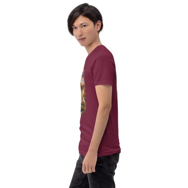 Maroon Semnan unisex t-shirt, with Qasr-e Bahram caravanserai in the Dasht-e Kavir design