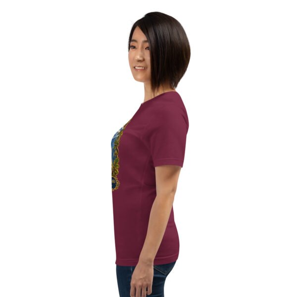 unisex-staple-t-shirt-maroon-left-6acbd04933163.jpg Maroon Kohgiluyeh and Boyer-Ahmad unisex t-shirt, with Tang-e Balqis gorge and Mount Dena design