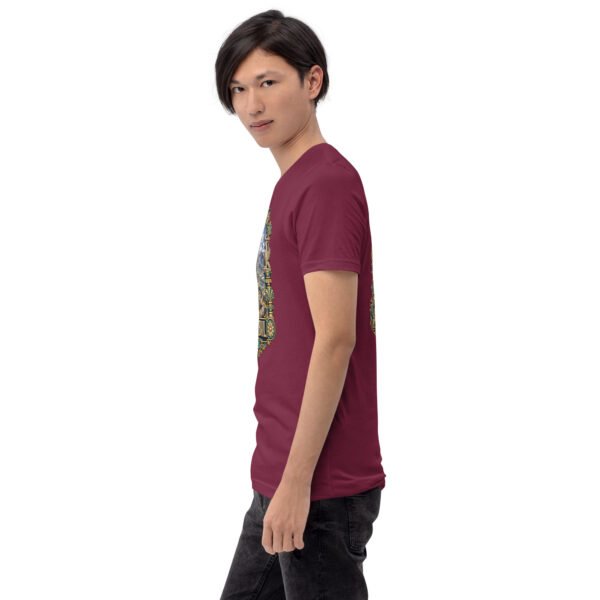Maroon Ardabil unisex t-shirt, with ancient Shahr-e Yeri stone figures and Mount Sabalan design