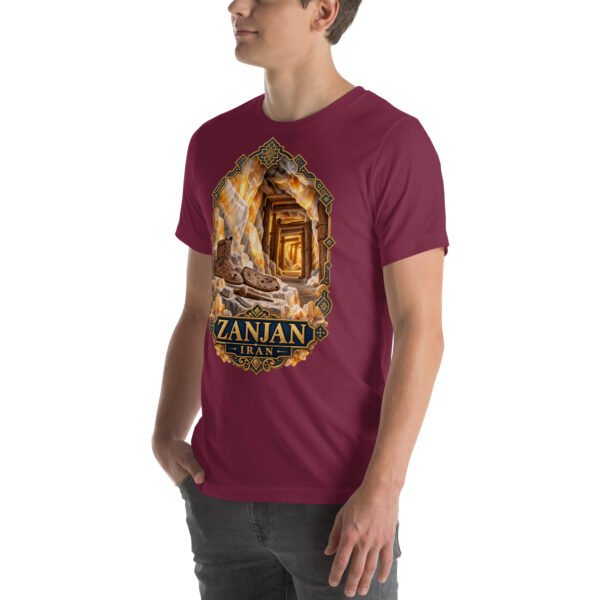 Maroon Zanjan unisex t-shirt, front view with Chehrabad salt mine and salt crystals design