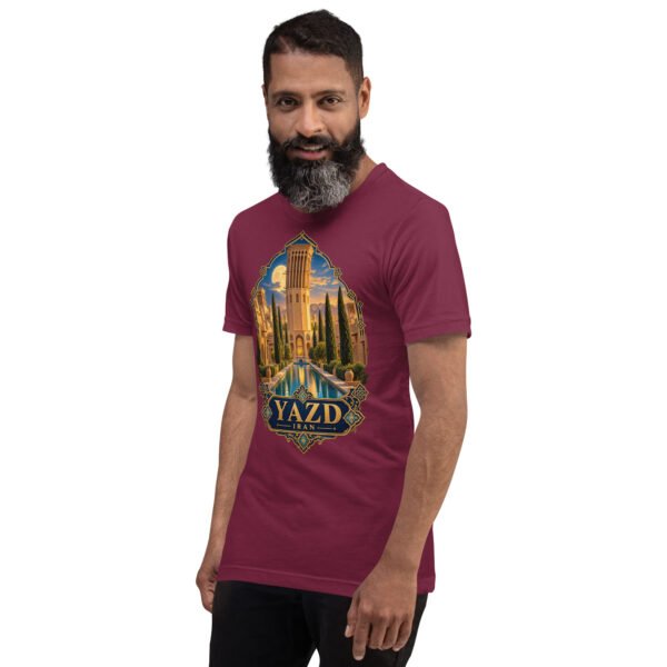 Maroon Yazd unisex t-shirt, front view with Narin Castle of Meybod and a traditional dovecote design
