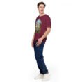 Maroon Tehran unisex t-shirt, front view with Azadi Tower and Mount Damavand design