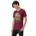 Maroon Semnan unisex t-shirt, front view with Qasr-e Bahram caravanserai in the Dasht-e Kavir design
