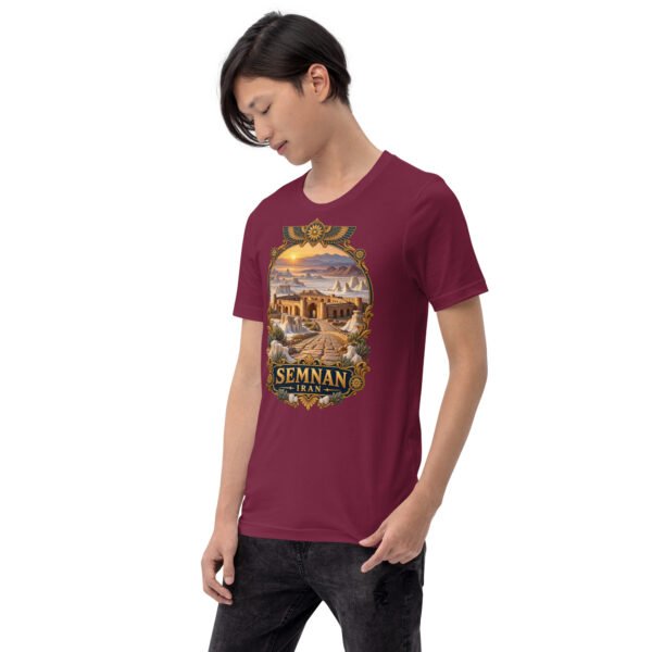 Maroon Semnan unisex t-shirt, front view with Qasr-e Bahram caravanserai in the Dasht-e Kavir design