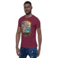Maroon Sistan and Baluchestan unisex t-shirt, front view with Shahr-e Sukhteh, the Burnt City design